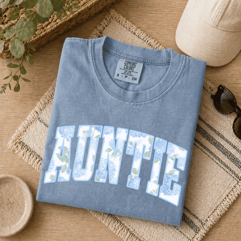 Hydrangea Blue Auntie Comfort Colors Shirt - Pregnancy Announcement to Auntie, New Aunt Era - back view
